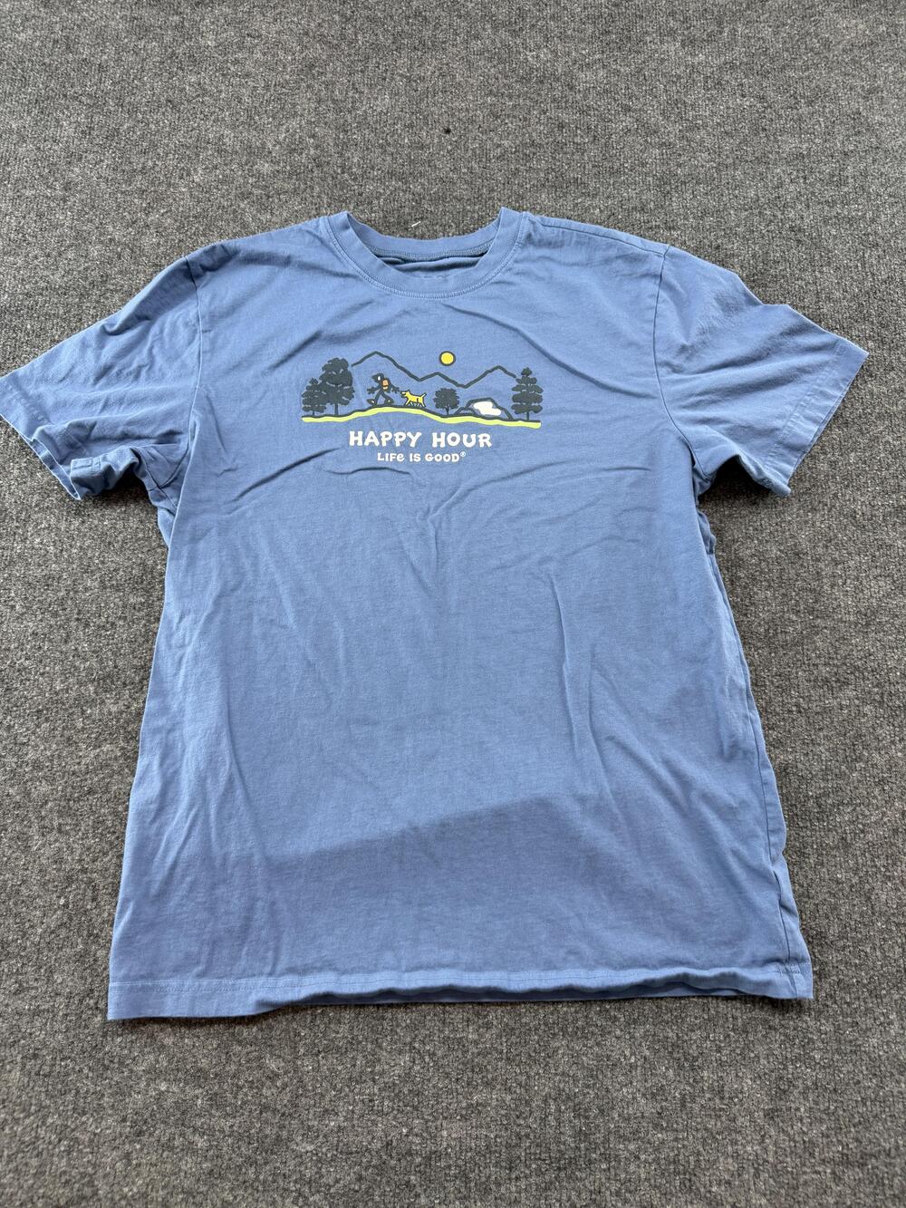 Life Is Good Shirt Mens Medium Blue Happy Hour Hiking Dog Camping Graphic Tee